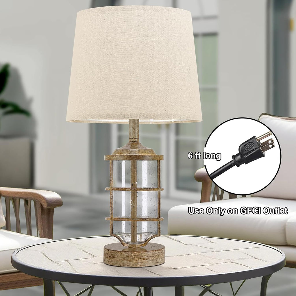 Outdoor Table Lamp, Farmhouse Lamp for Patio Table Decor with Cord, Rustic Table Light with Seeded Glass, 23.5' Plug-in Outdoor Lamps for Patio Waterproof, LED Bulb Included (Wood Color)