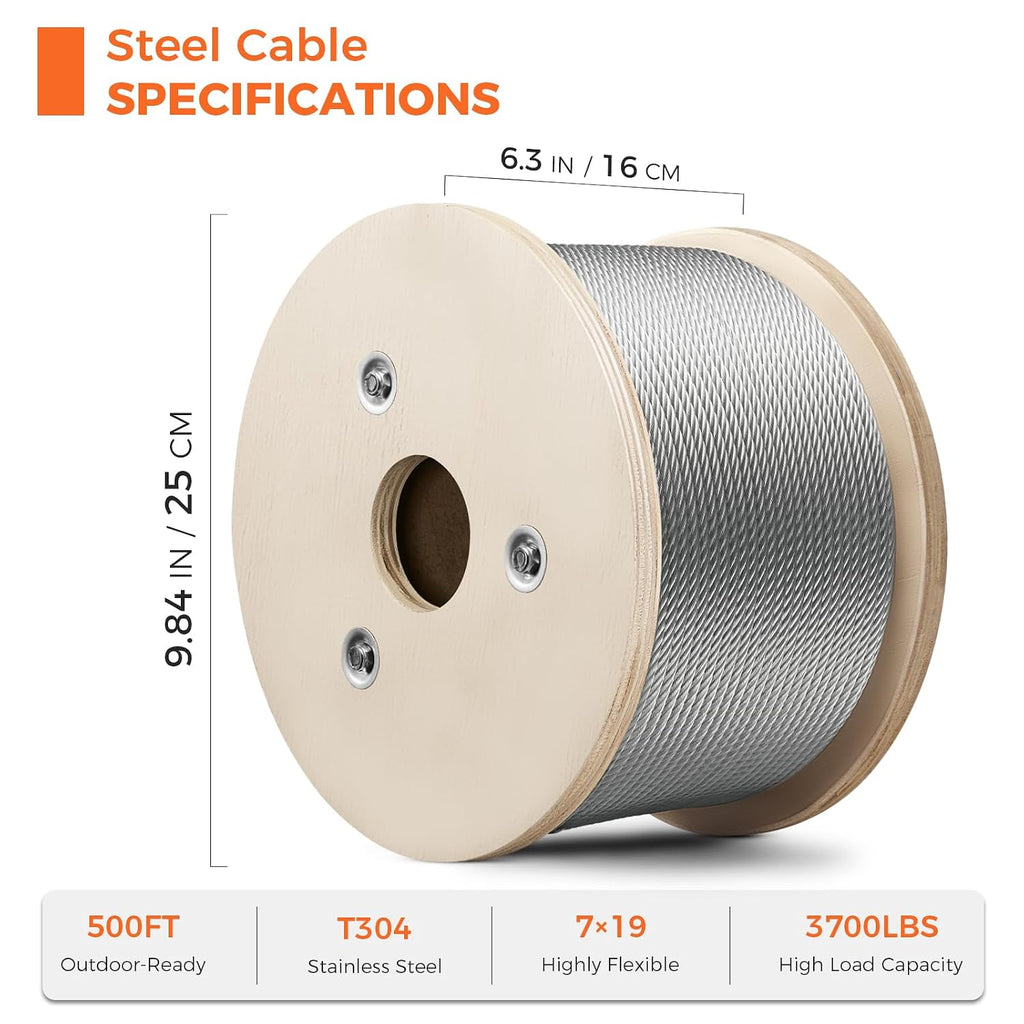 WAYSKA Stainless Steel Cable 3/16 Inch, 500FT 304 Stainless Steel Wire Rope, 7 x 19 Strands Construction for Deck Cable Railing Systems, Clotheslines, Ziplines, and DIY Balustrades