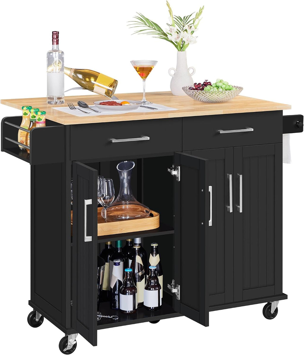 Yaheetech Kitchen Island Cart with Drop Leaf, 49' Rolling Island Table with Storage, Drawer, Kitchen Cart with Rubberwood Top, Detachable Towel & Spice Rack, Black