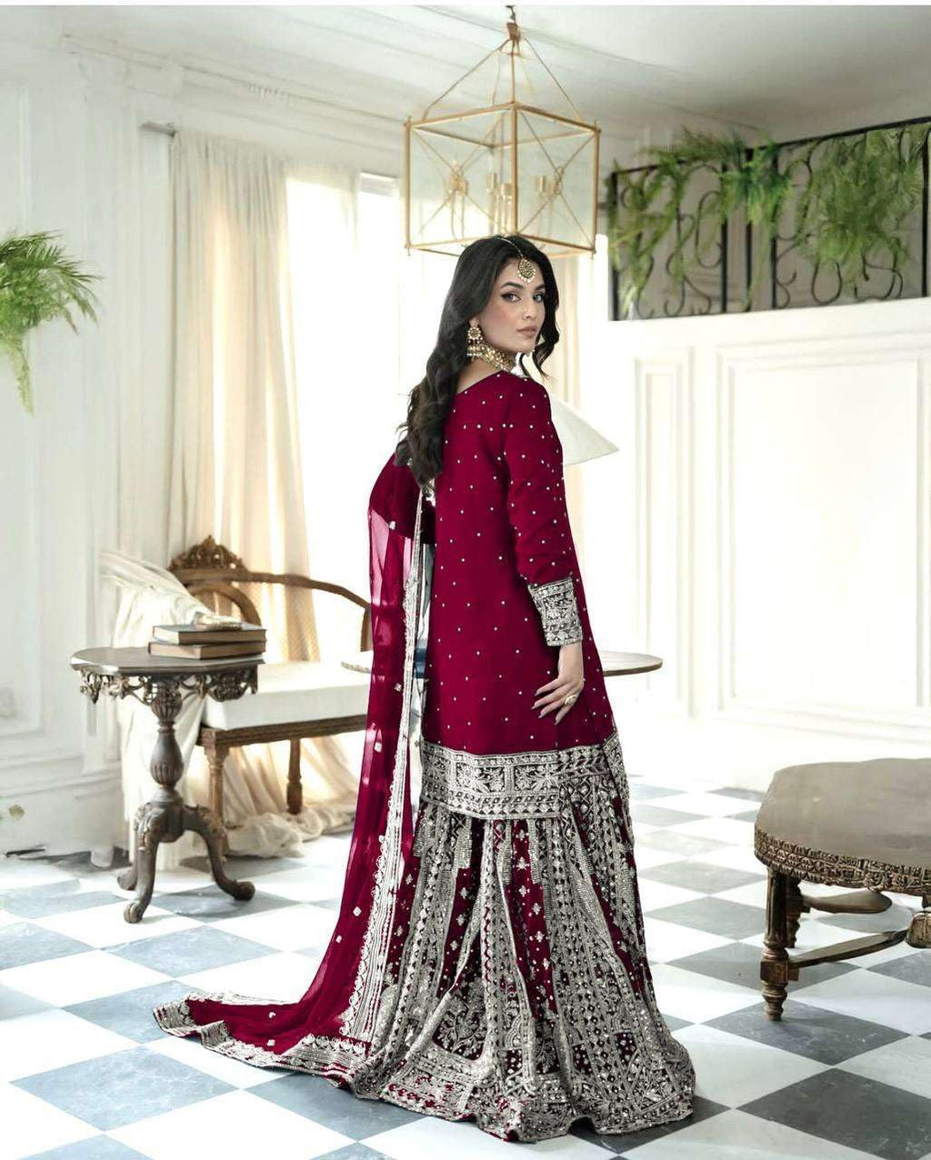 AYOSA RETAIL Women's Faux Georgette Embroidered Straight Kurta with Sharara & Dupatta Set with Rivet Moti Work
