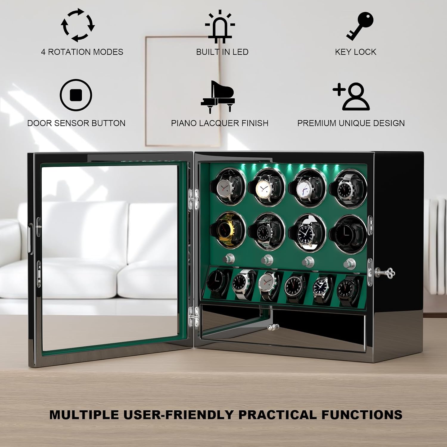 DUKWIN Watch Winder for 4/6/8 Automatic Watches, Lockable Winders with Watch Holders and Jewelry Storage, Super Quiet Motor with High-Gloss Finish, Built-in Illumination