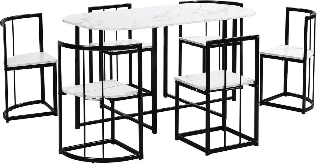 7 Piece Dining Table Set, Metal Kitchen Dining Table Set with Chairs for 6 Persons for Small Space, Black White