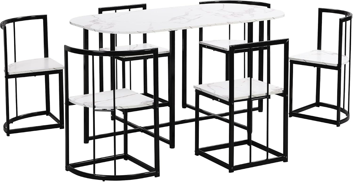 7 Piece Dining Table Set, Metal Kitchen Dining Table Set with Chairs for 6 Persons for Small Space, Black White