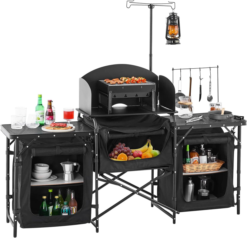 VEVOR Camping Kitchen Table, Outdoor Camp Cooking Table, Aluminum Portable Cook Station with 3 Storage Cupboard, Carrying Bag, Detachable Windscreen, Quick Set-up for BBQ Party Picnic RV Travel, Black