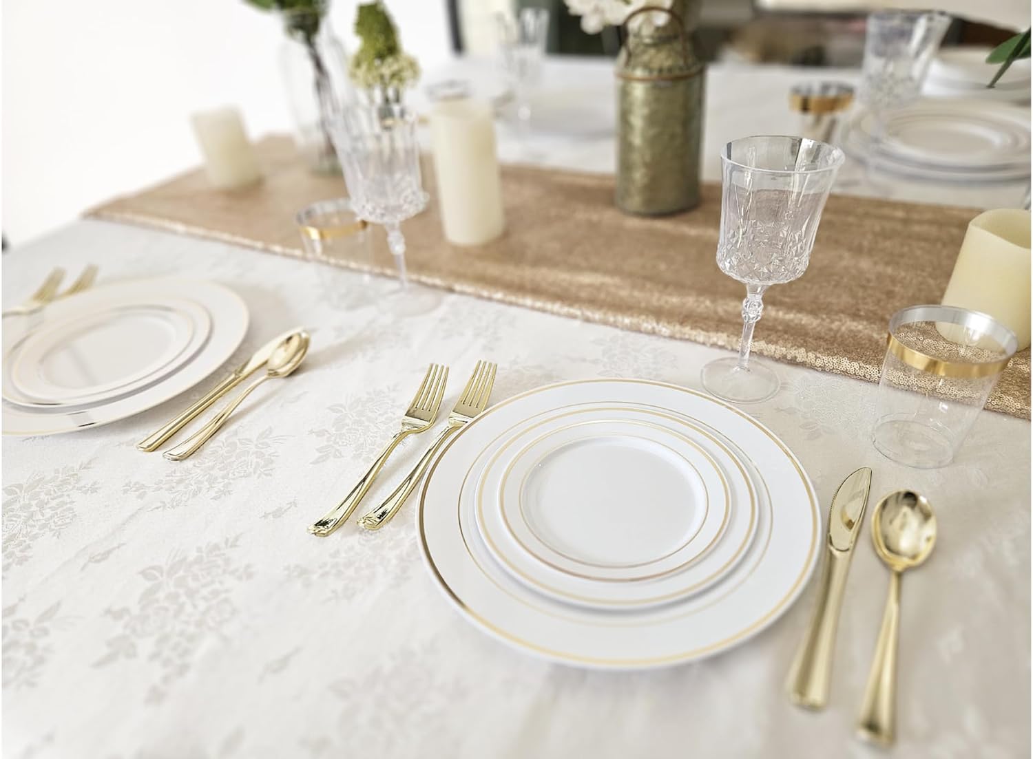 ' OCCASIONS ' 1080 pcs/120 Guest-Full Tableware Set - Wedding Disposable Plastic Plates Silverware, Gold Rimmed Tumblers & Linen Feel Napkins w/napkin Rings (Combo C, White & Gold Rim)