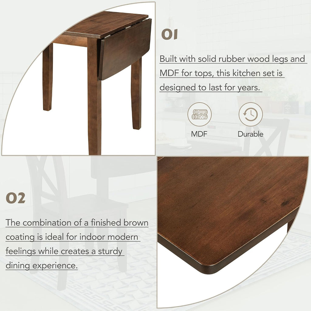 Harper & Bright Designs 3-Piece Wood Drop Leaf Dining Table Set with 2 X-Back Chairs, Space-Saving Breakfast Nook Dining Set, Brown