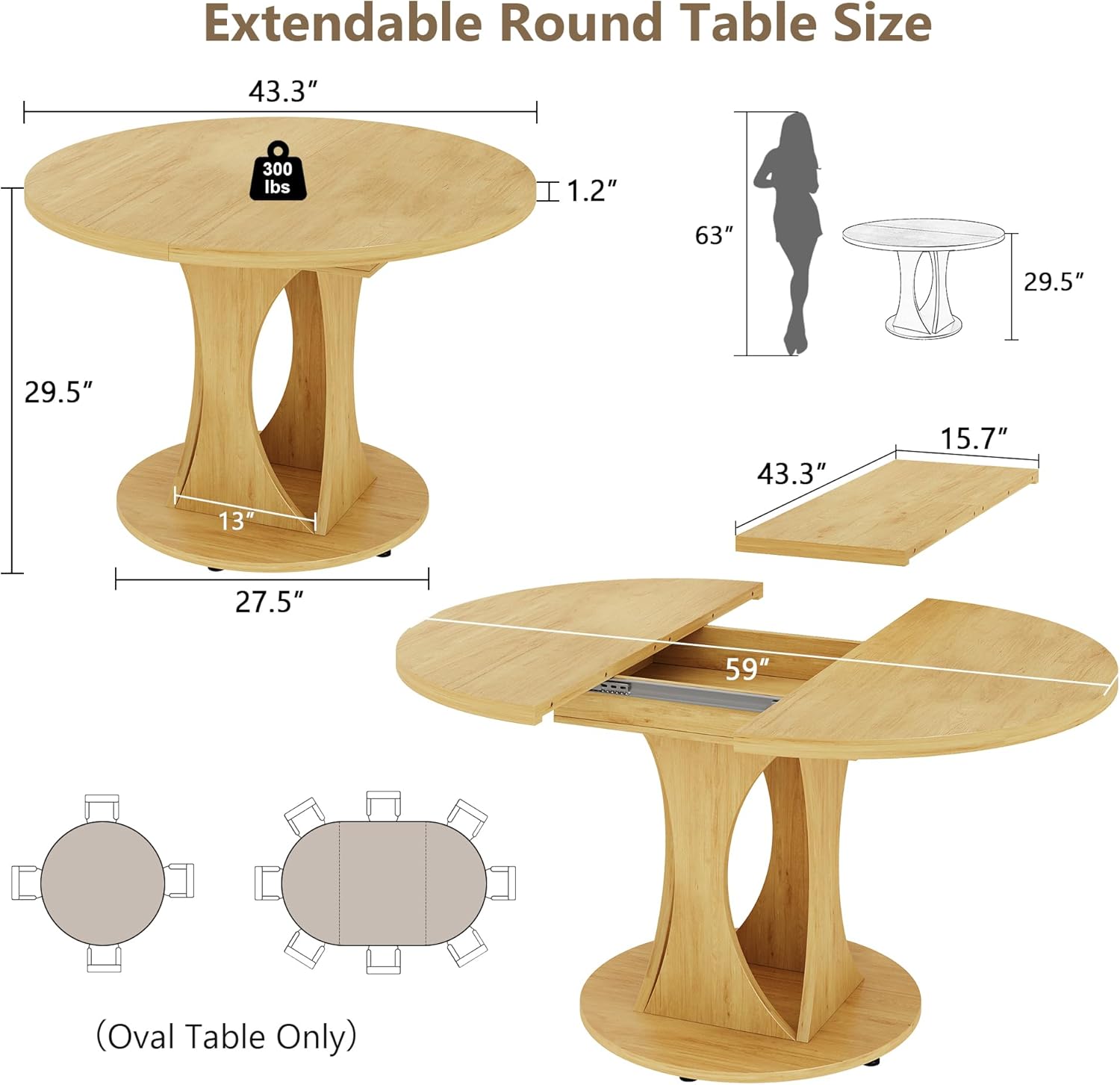 Einhomn 59' Extendable Round Dining Table for 6-8, Kitchen Table with Sturdy Double Arc Base & Backboard Clasp Desktop, Mid-Century Modern Dinner Table, Kitchen Dining Room, Space Saving, Natrual