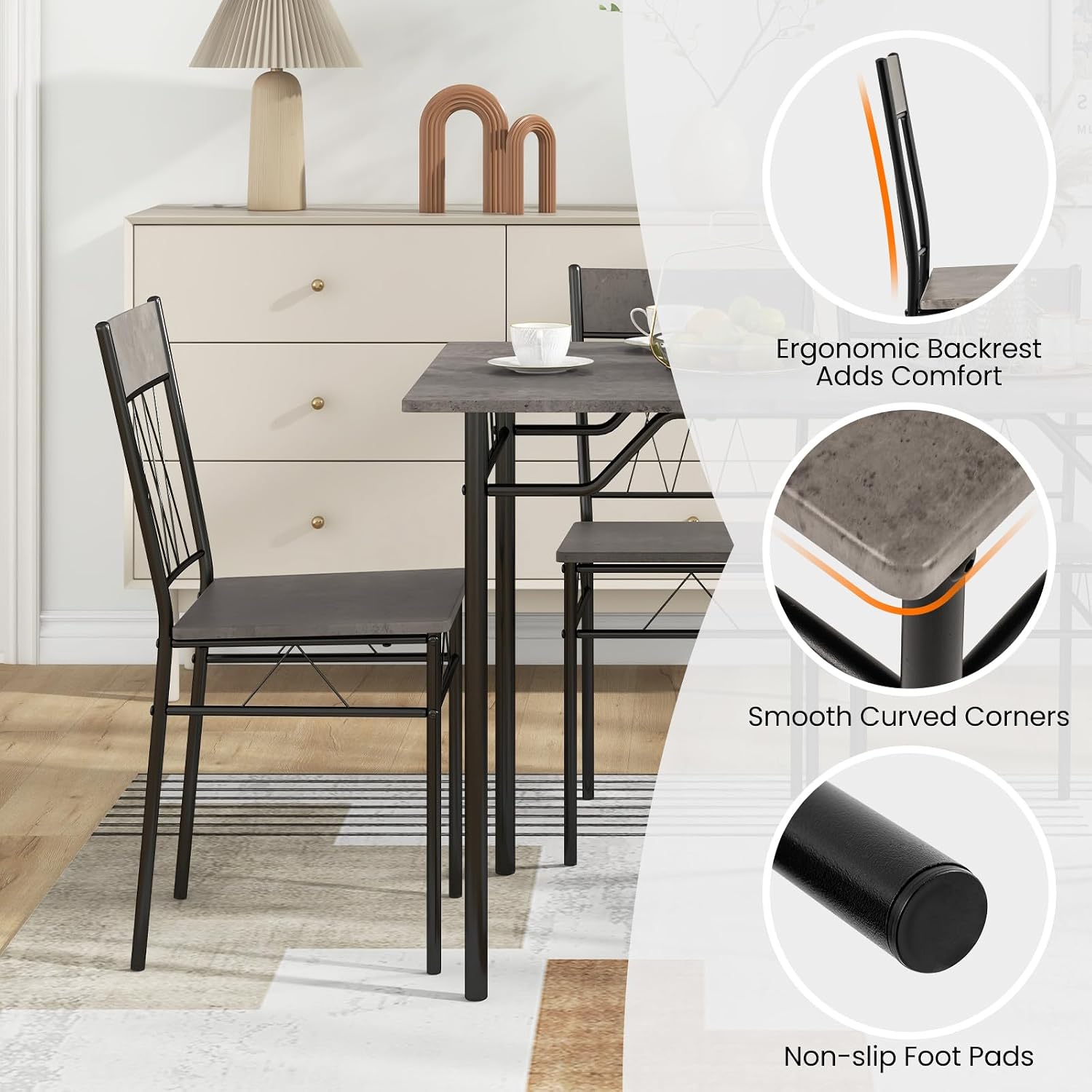 Giantex 5-Piece Breakfast Nook Set, 4 Dining Chairs, Metal Frame, Space-Saving Dinette Table Set for 4, Small Place, Kitchen Table Chairs Set of 4 (Cement Grey)