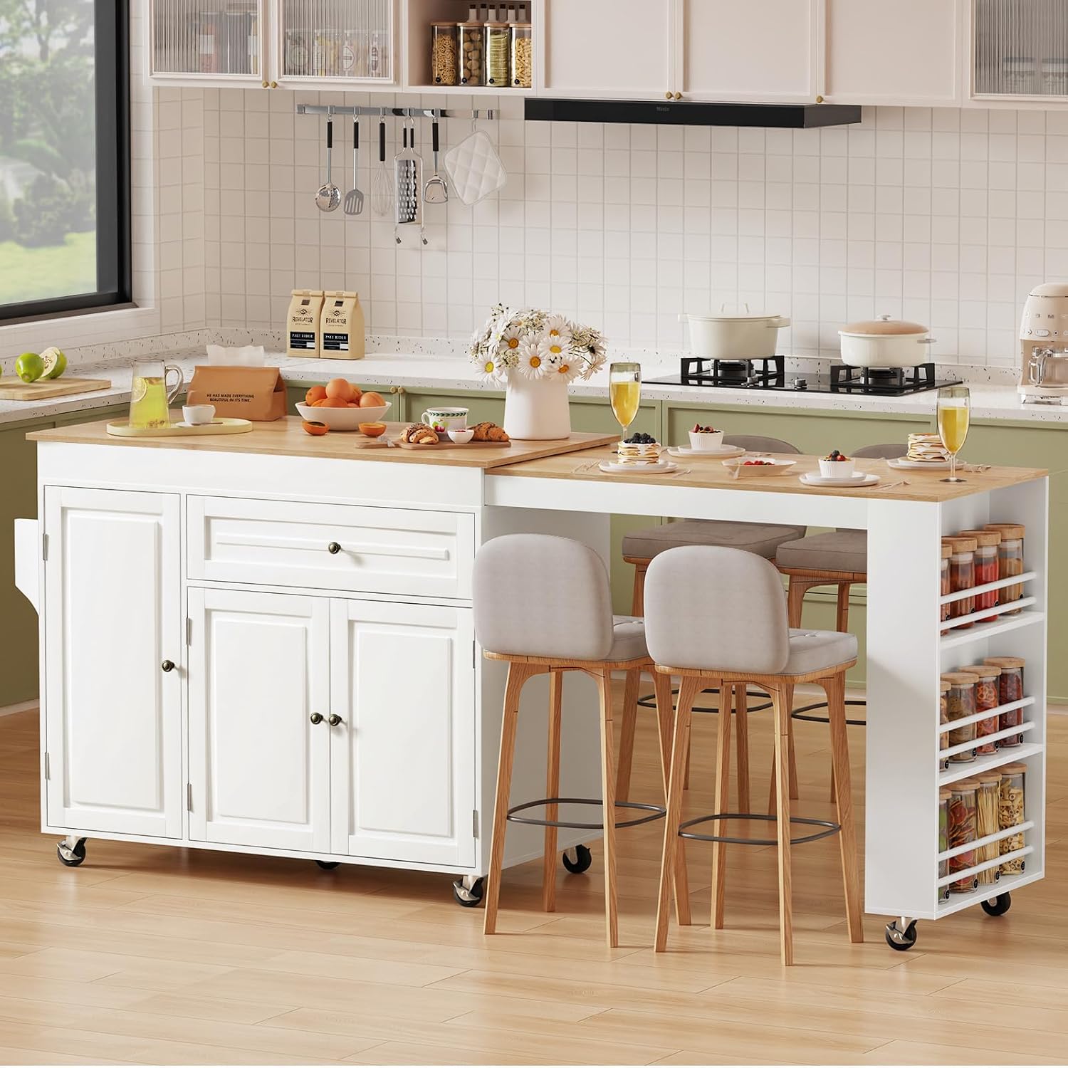 83' Expandable Kitchen Island on Wheels with Storage & Dining Table, Mobile Kitchen Cart with Cabinet, 3 Shelves & Drawers, Black (Extends from 48.4' to 82.6') (White)