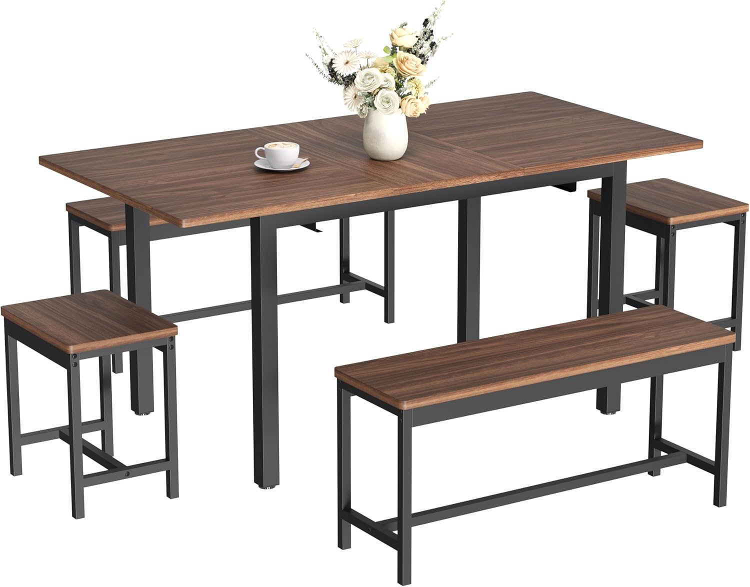 GarveeHome 5-Piece Dining Table Set for 4-8 People, 63 in Large Extendable Kitchen Table Set with 2 Benches and 2 Square Stools, Modern Dining Room Furniture Sets, Easy Assembly, Espresso