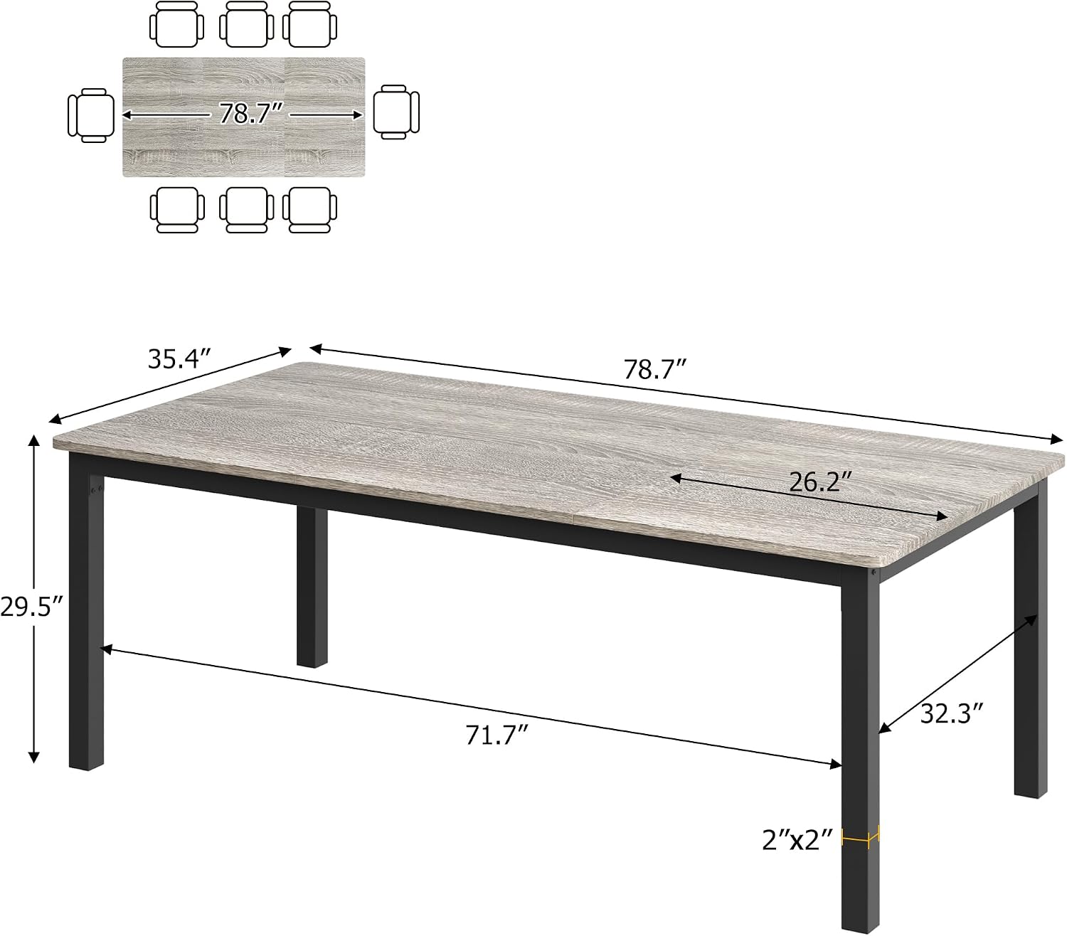 GarveeHome 78.7 in Industrial Dining Table for 6, Wooden Long Dinner Table with Mortise Tenon Design, Kitchen Table with Sturdy Metal Legs, for Dining Room Home Office Living Room, Grey