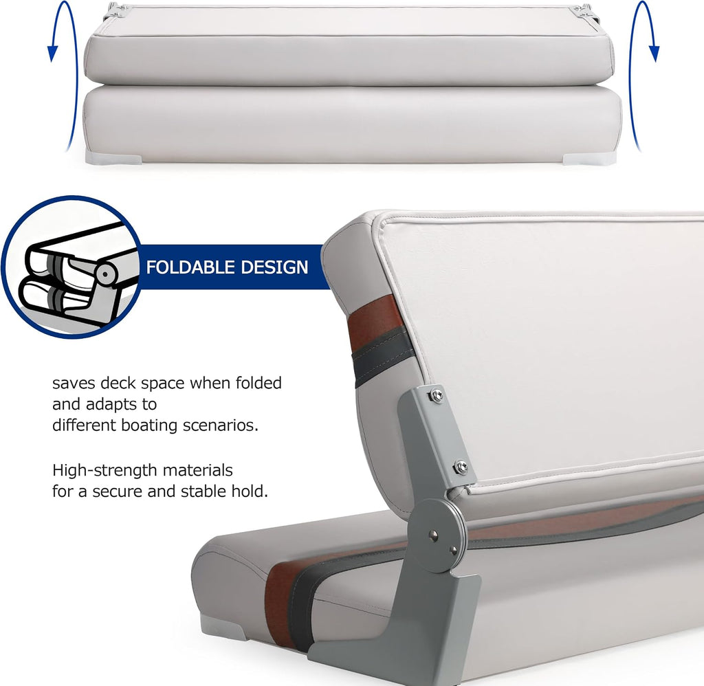 Boat Bench Seat for Fishing Boat, NORTHCAPTAIN Double Folding Boat Seat 2 Person with Marine-Grade Vinyl and PE Frame, Padded Cushion for Bass Boat Jon Boat Pontoon,Light Grey/Charcoal/Wine Red