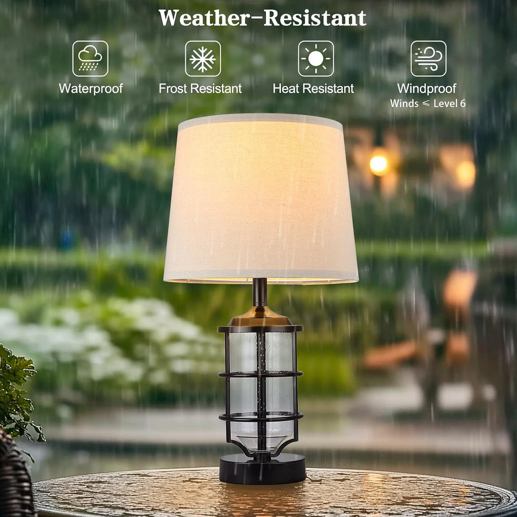 Outdoor Table Lamps Set of 2, Farmhouse Lamps for Patio Table Decor with Cord, Rustic Table Lights With Seeded Glass, 23.5' Plug-in Outdoor Lamps for Patio Waterproof, LED Bulbs Included (Black)