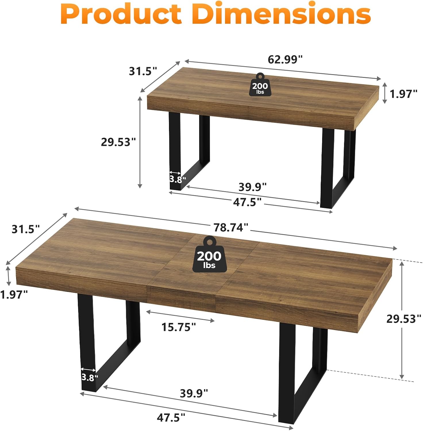 Zevemomo 63'-78.7' Expandable Dining Table, 6-8 Extendable Dining Table, Rectangle Conference Table, Farmhouse Kitchen Table with Slide Track, Tapered U-Shaped Wood Legs for Office, Living Room-Brown