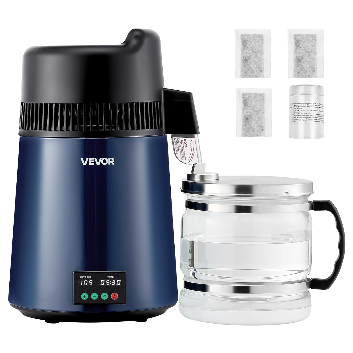 VEVOR Water Distiller, 6L/1.6 Gal Distilled Water Maker Countertop, 900W Distilling Machine with Glass Carafe, 0–99H Timer, Time & Temp Display, 2-Layer 304 Stainless Steel Distill for Home, Navy