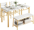 IRONCK Dining Table Set for 4, Kitchen Table with Upholstered Bench and 2 Chairs, Kitchen Table and Chairs Set for Small Space, Apartment, White & Gold