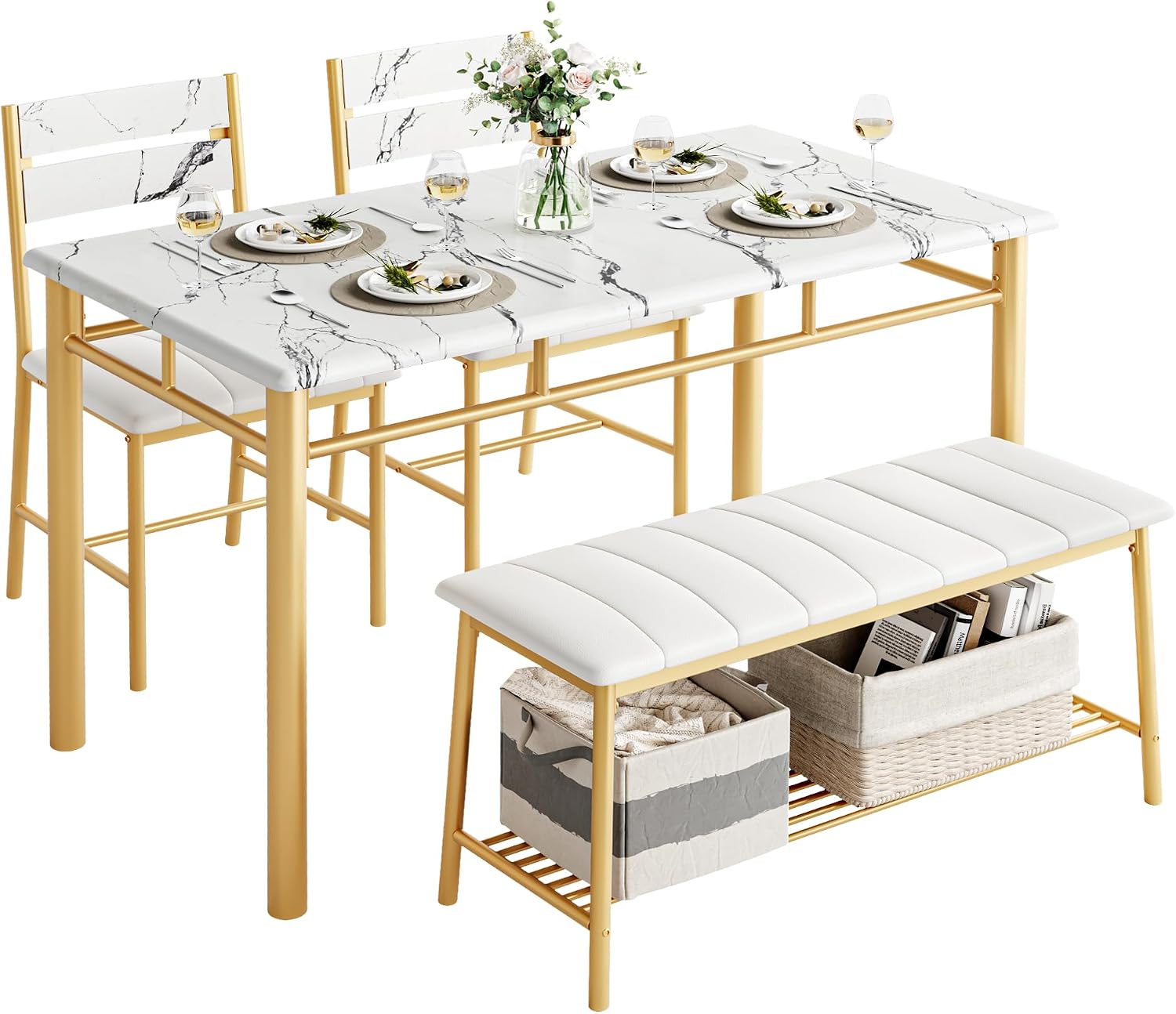IRONCK Dining Table Set for 4, Kitchen Table with Upholstered Bench and 2 Chairs, Kitchen Table and Chairs Set for Small Space, Apartment, White & Gold