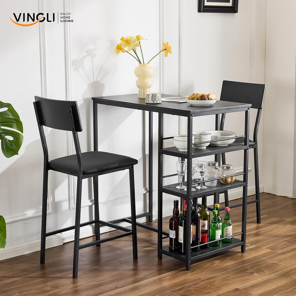 VINGLI Dining Table Set for 2, Kitchen Breakfast Counter Height Small 3 Piece Bar Table and Chairs Set with Storage, Black