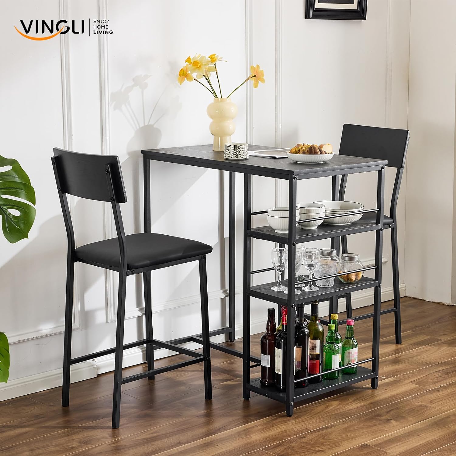 VINGLI Dining Table Set for 2, Kitchen Breakfast Counter Height Small 3 Piece Bar Table and Chairs Set with Storage, Black