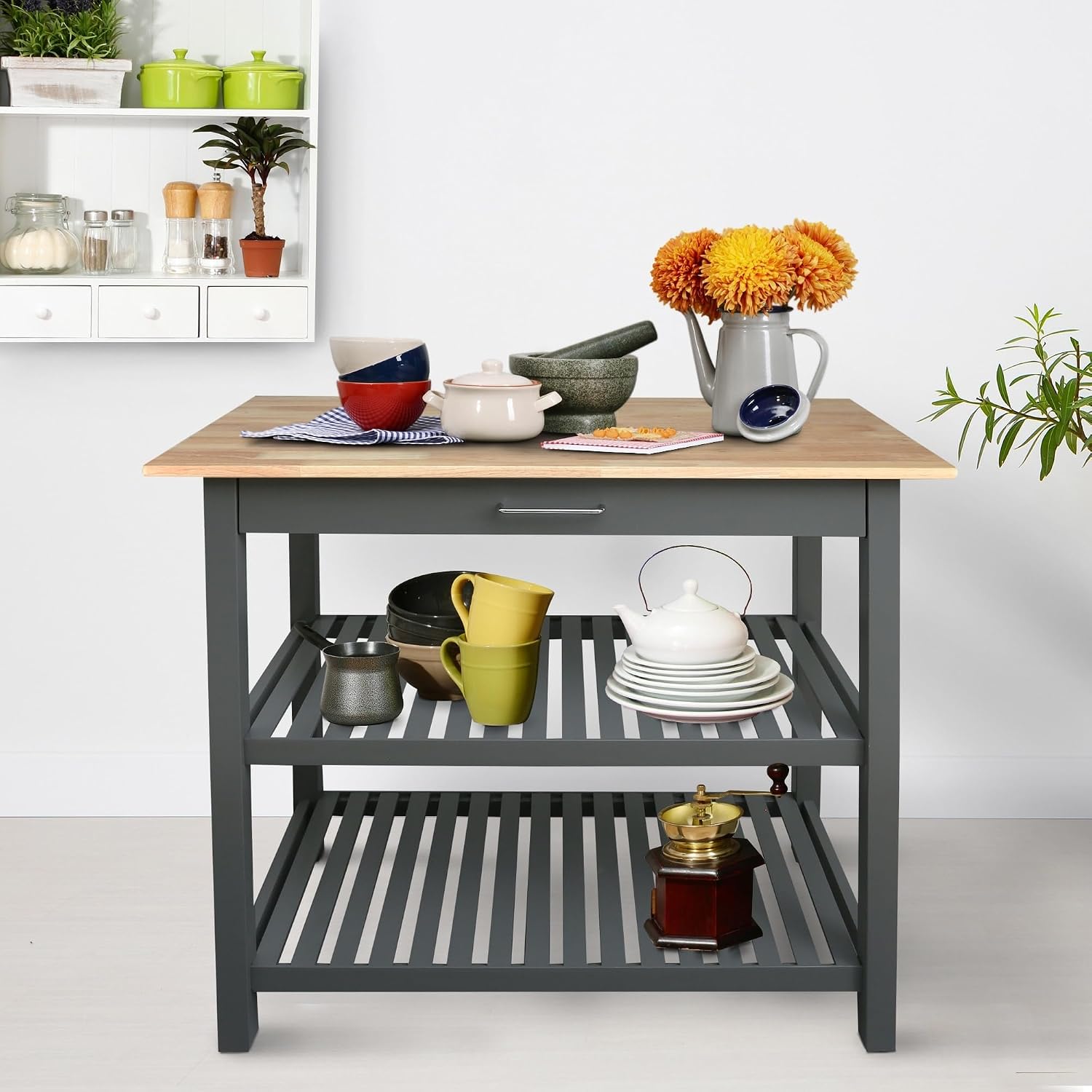 Casual Home Kitchen Island with Solid American Hardwood Top, Slate Gray, 40' W (373-932)