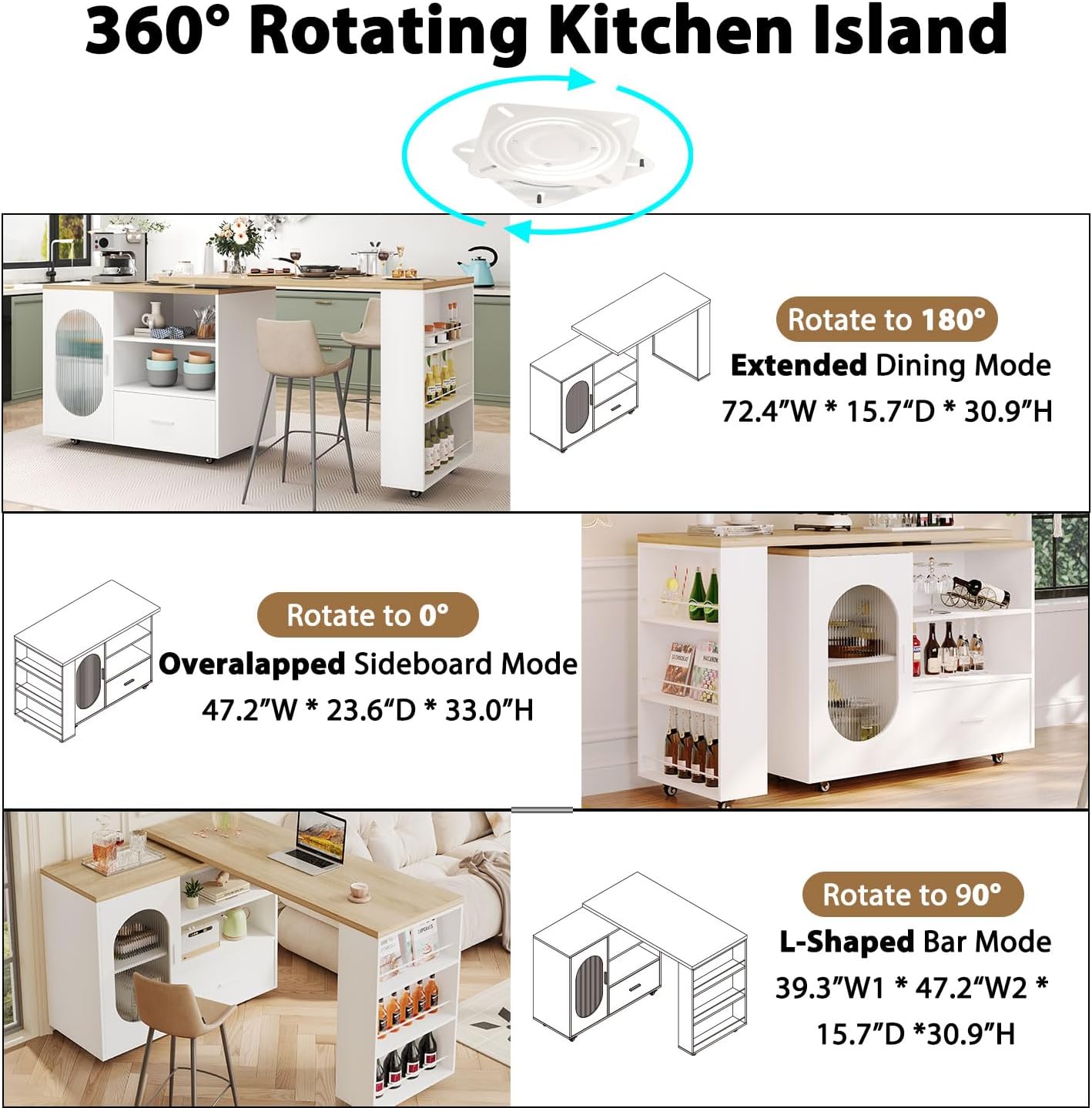 HSH 72.4' Rolling Kitchen Island with Swivel Table, Storage Cabinet, Drawers & Shelves, White Modern Mobile Island Cart on Wheels, Farmhouse Wood Island Table for Kitchen, Dining Room, Home Bar