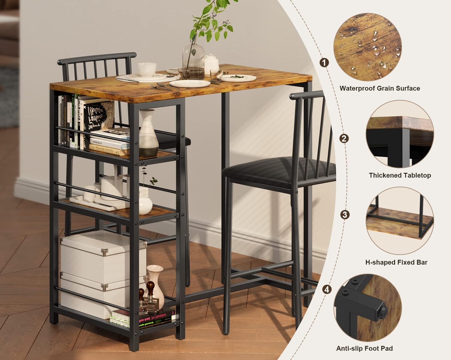 Gizoon Dining Table Set for 2 with 3 Storage Shelves, Kitchen Table and Chairs for 2 with Pu Cushion Chairs & Thick Wood Top, 3 Piece Dining Table Set for Small Space, Apartment - Retro