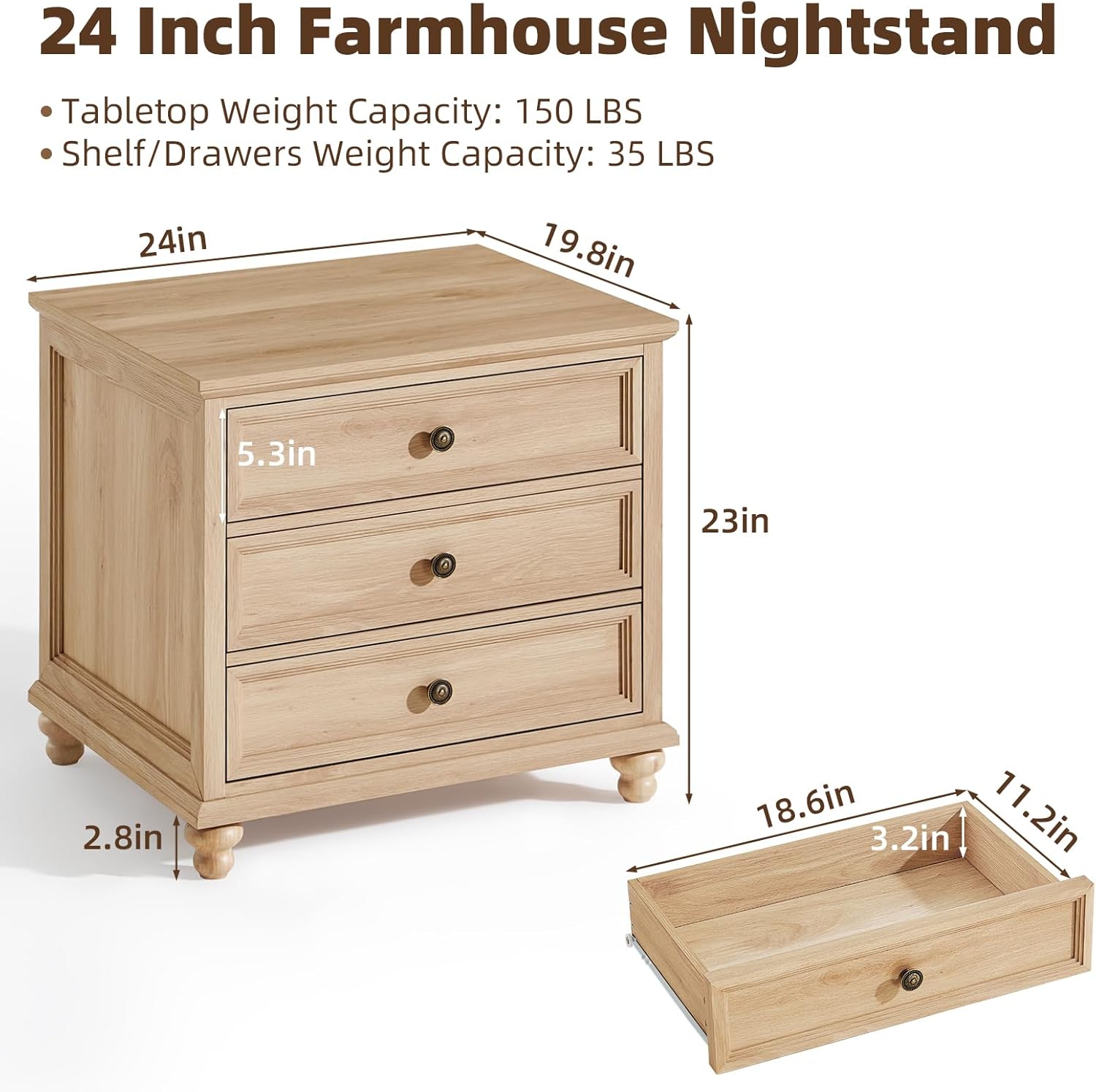 Joaxswe 24' Wide Farmhouse Night Stand,Large End Table with 3 Drawers & Metal Handle,Natural Dresser for Bedroom, Bed Side Table Chest of Drawers Cabinet,Wood Nightstand for Living Room,Closet