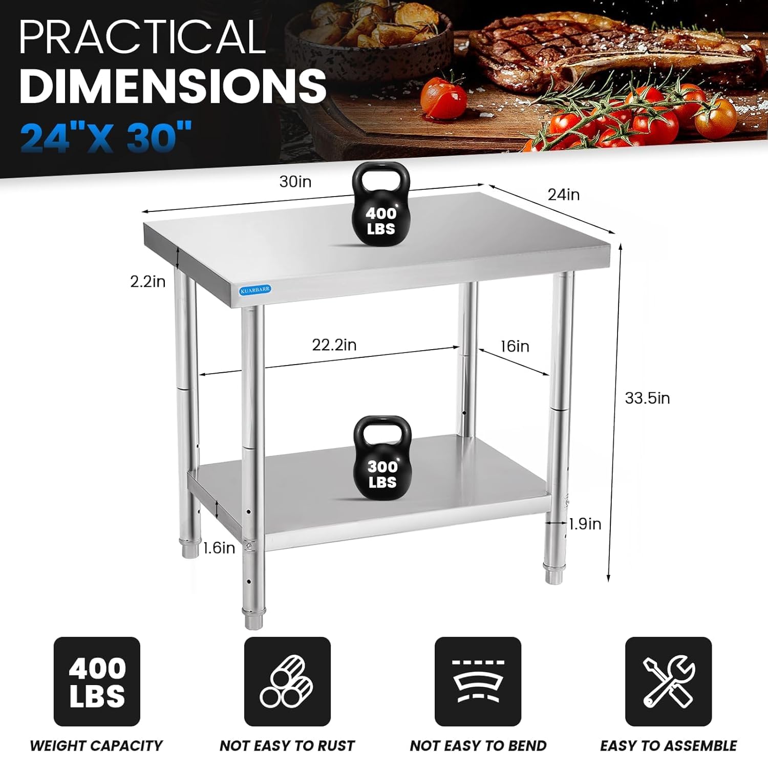 KUARBARR Stainless Steel Table for Prep & Work with Undershelf 24 x 30 Inches NSF Metal Commercial Kitchen Prep Table with Adjustable Under Shelf Worktable for Restaurant Home Outdoor