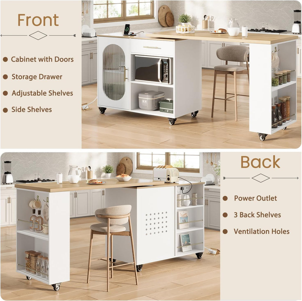 HSH Kitchen Island with 360° Swivel Table & Power Outlet, Rolling Kitchen Island Cart with Storage & Seating, Mobile Wood Kitchen Island Table with Cabinet, Drawers & Shelves on Wheels, Light Oak