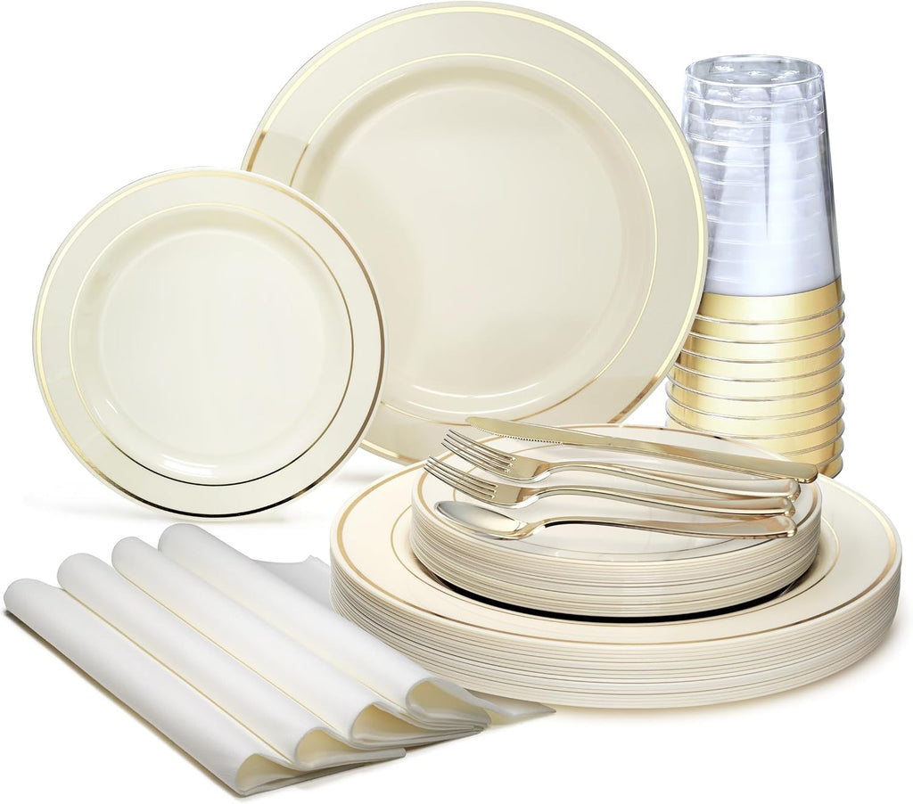 ' OCCASIONS ' 640Piece set (80 Guests)-Heavyweight Wedding Party Disposable Plastic Plate Set -80 x 10.5'' + 80 x 7.5'' + Silverware + Cups +linen like paper Napkins (Ivory & Gold Rim)