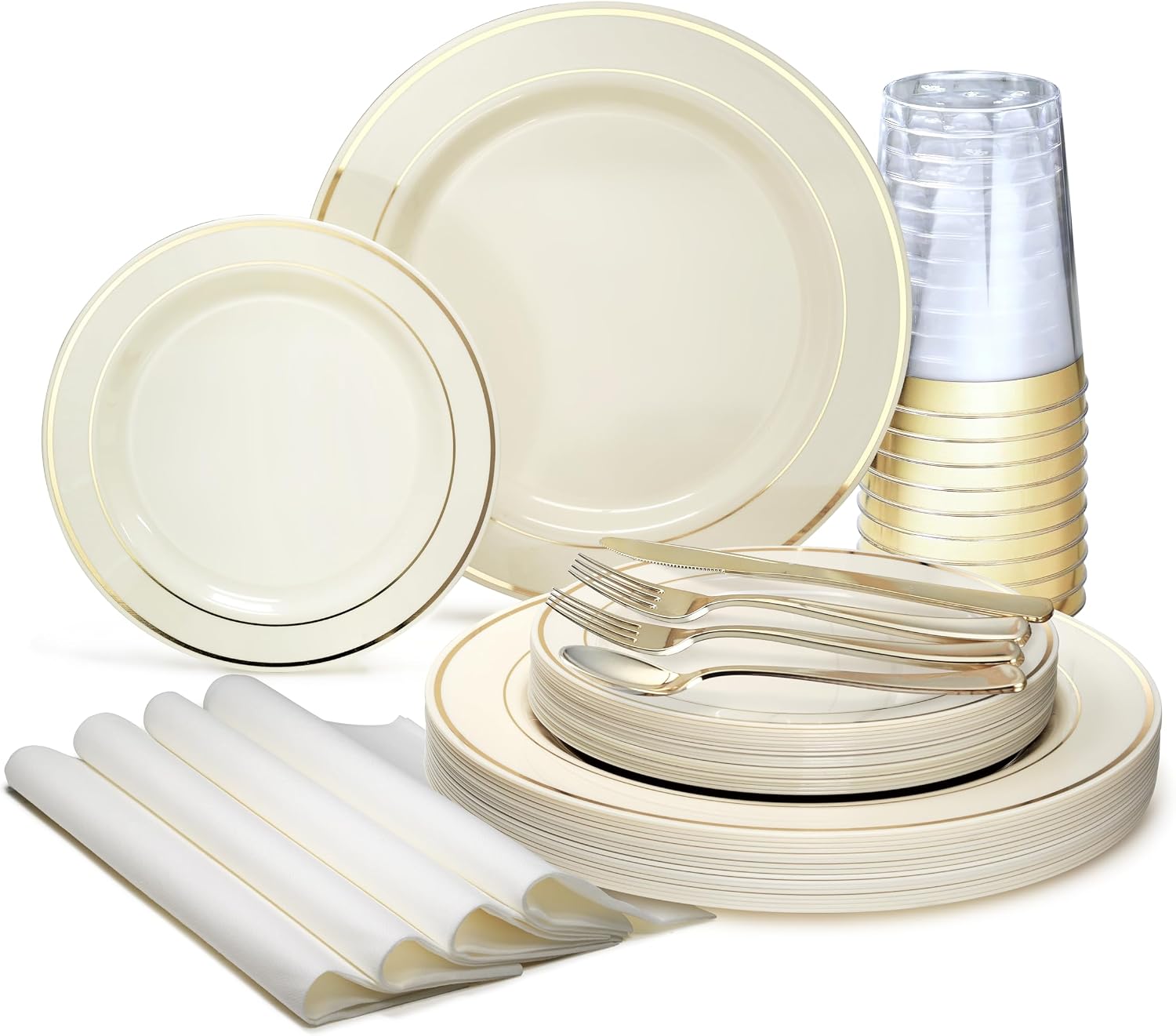 ' OCCASIONS ' 640Piece set (80 Guests)-Heavyweight Wedding Party Disposable Plastic Plate Set -80 x 10.5'' + 80 x 7.5'' + Silverware + Cups +linen like paper Napkins (Ivory & Gold Rim)