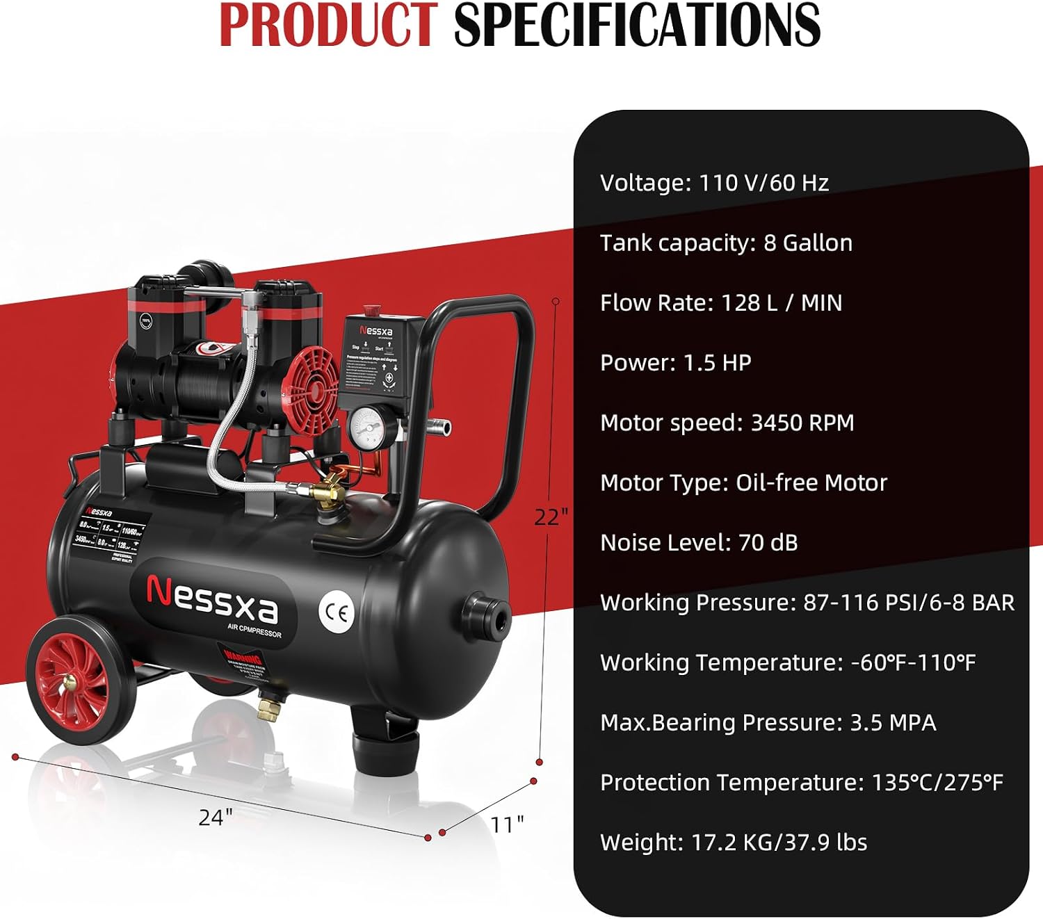 8 Gallon Ultra Quiet Air Compressor, 1.5HP 4.52 CFM, Max 115 PSI Oil-Free Air Compressor Tank for Car Repair, Spray Painting, Woodwork Nailing, 110V/60hz, 70dB