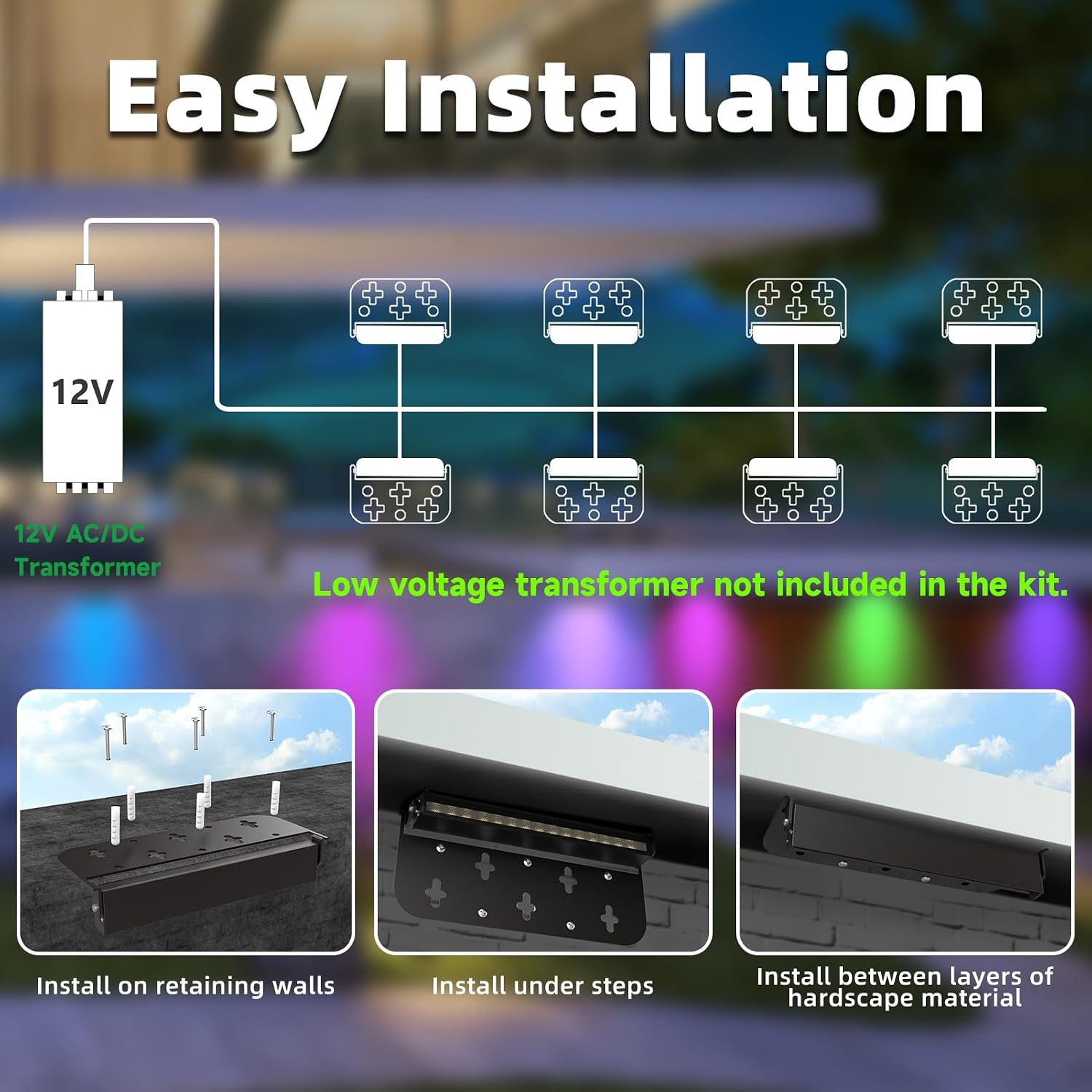 8 Pack 7 Inch 5W Retaining Wall Lights Outdoor, RGBCW LED Hardscape Lighting Color Changing, Low Voltage Landscape Lights 12V AC/DC, IP65 Waterproof Paver Lights Smart APP & Remote Control, FCC Listed