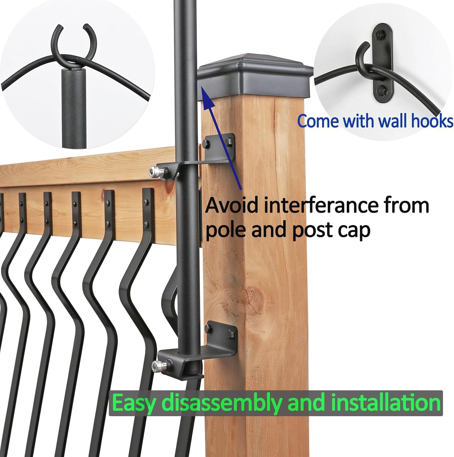 4Pack String Light Poles - Stainless Steel 6.5FT Deck Lights Poles with 4 wall Hooks for Outdoor Light, String Lights, with SS Screws for Wood Posts Deck Decor (Black)