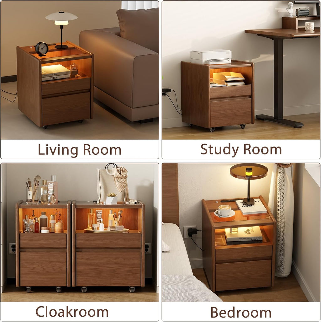 Solid Wood Nightstand,LED Nightstand with Charging Station,Narrow Bedside Table with Jewelry Box,Small Night Stand with Wheels,Modern Night Stand for Bedroom,Living Room,Dressing Room