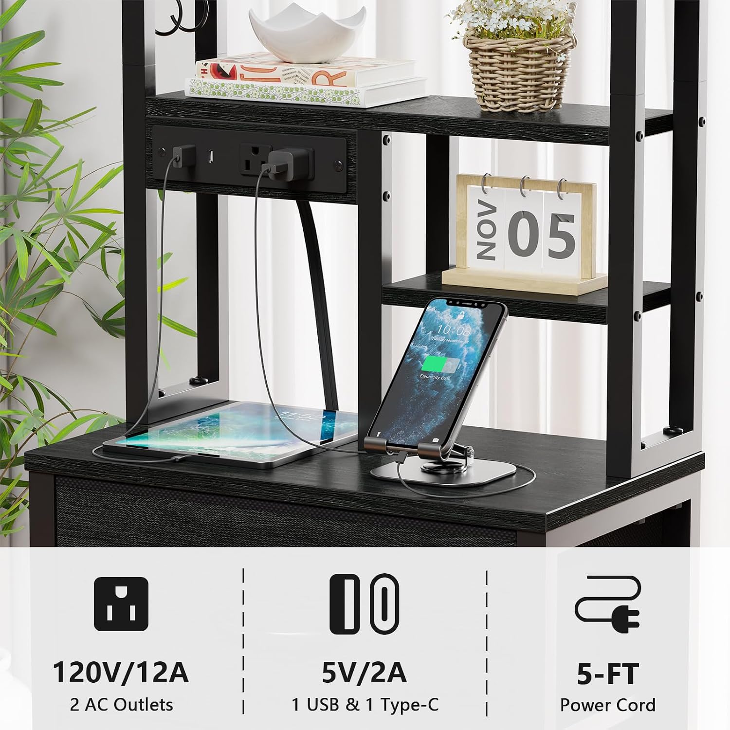 Furnulem Nightstands Set of 2, Tall Night Stand with Charger Station and USB Ports, 4 Fabric Drawers and Led Lights, Bed Side Table for Bedroom/Dorm/Office, Black Oak