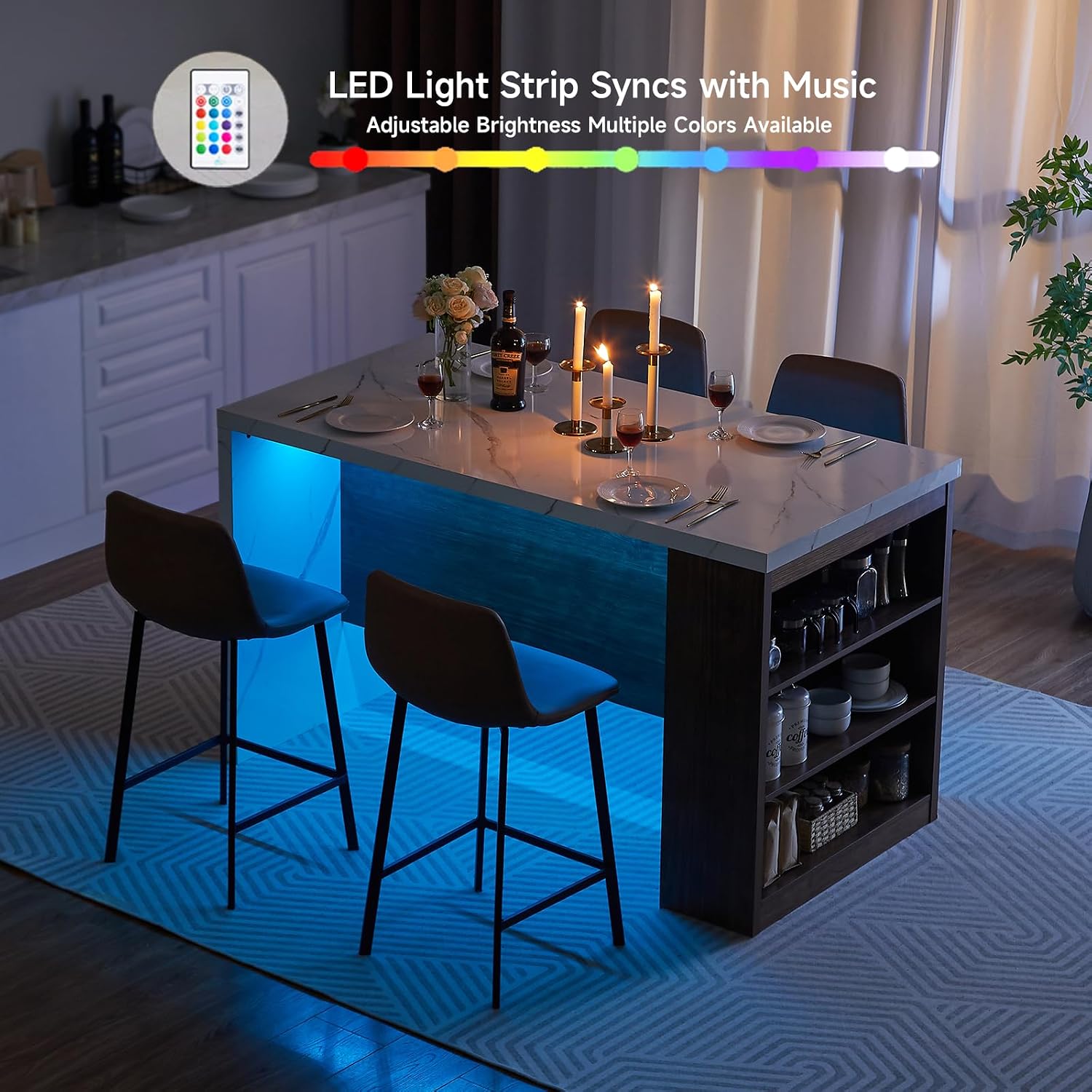 ONBRILL 61'*31' Whole Board of Tabletop Kitchen Island Table with Storage Space, Power Outlet & LED Lights, Modern Imitation Marble Large Counter Height Dining Table for 4 (White)