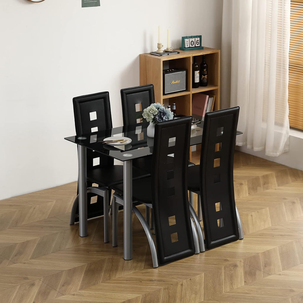 Karl home 5-Piece Dining Table Set with 1 Glass Dining Table and 4 PVC Chairs, Modern Dining Table Set for Kitchen & Breakfast Dining Living Room, Space Saving, Black