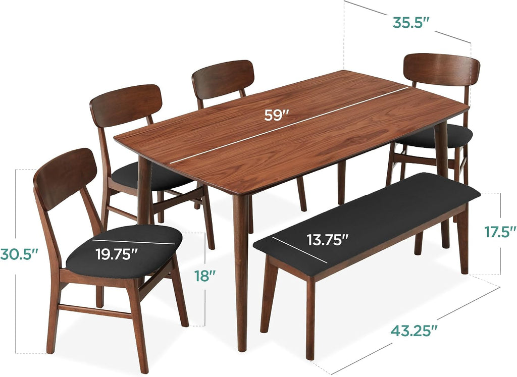 Best Choice Products 6-Piece Wooden Dining Set, Mid-Century Modern Table & Upholstered Chair Set w/Bench Seat, Rubberwood Legs - Walnut/Charcoal