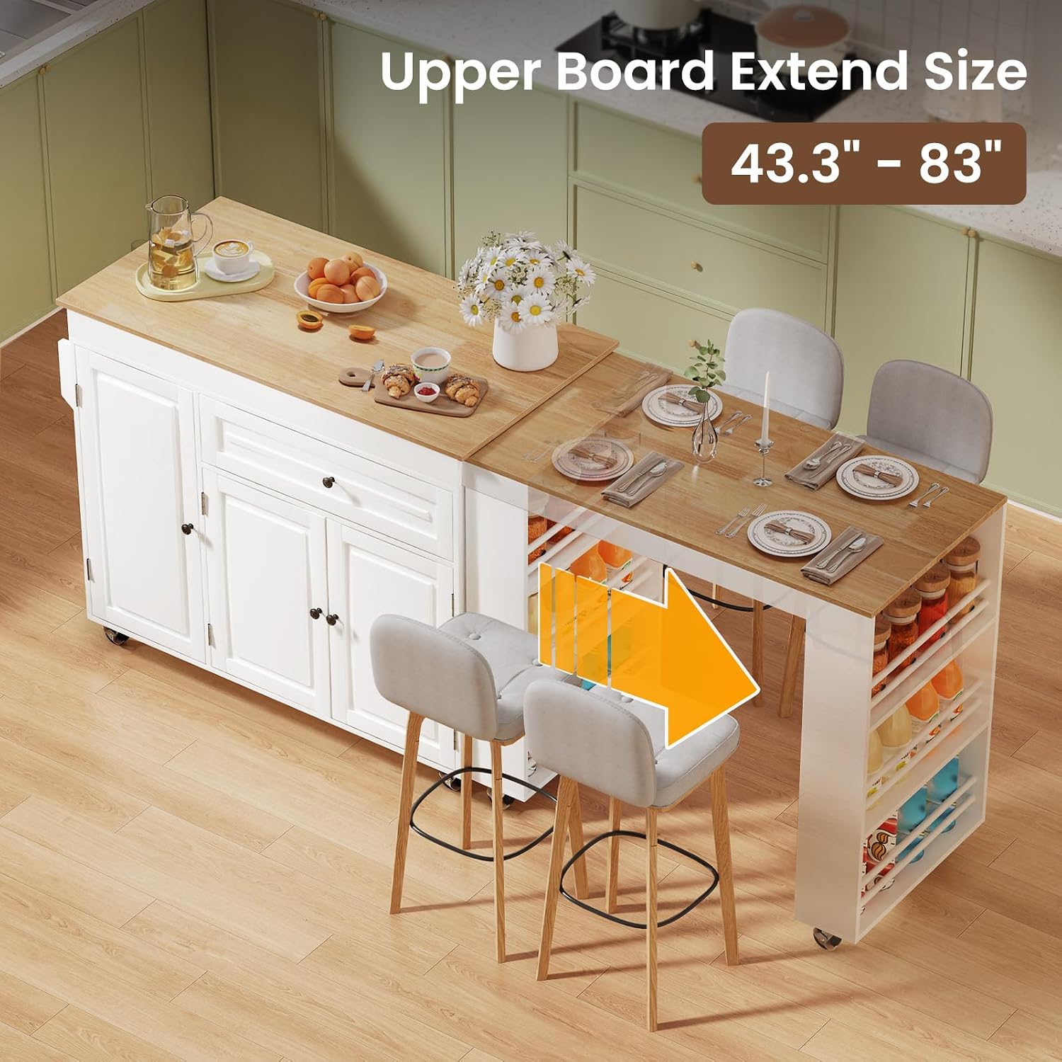 83' Expandable Kitchen Island on Wheels with Storage & Dining Table, Mobile Kitchen Cart with Cabinet, 3 Shelves & Drawers, Black (Extends from 48.4' to 82.6') (White)