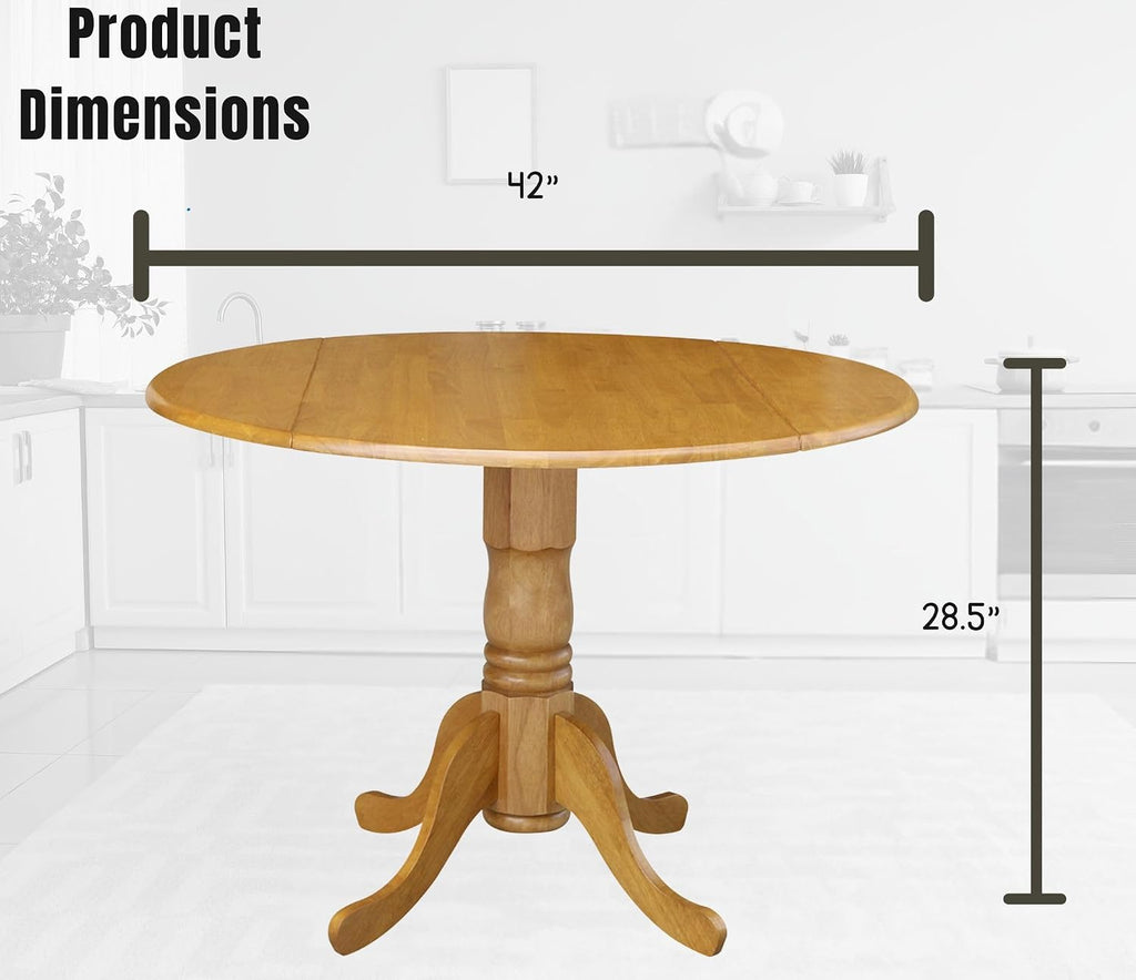 IC International Concepts, 42' Round Dual Drop Leaf Pedestal Dining Table, Solid Real Wood, Sturdy Parawood, Dimensions 42'D x 42'W x 29.5'H, 20mm thickness, 40lbs Weight Capacity, Oak