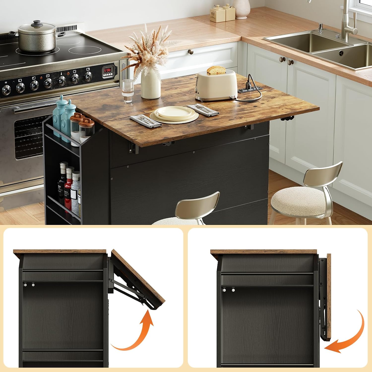 HOOBRO Kitchen Island with Drop Leaf Countertop & Power Outlet, Rolling Island Cart on Wheels, Kitchen Cart with Drawer & Spice Rack, Mobile Island Table for Kitchen, Black BF86UZD01