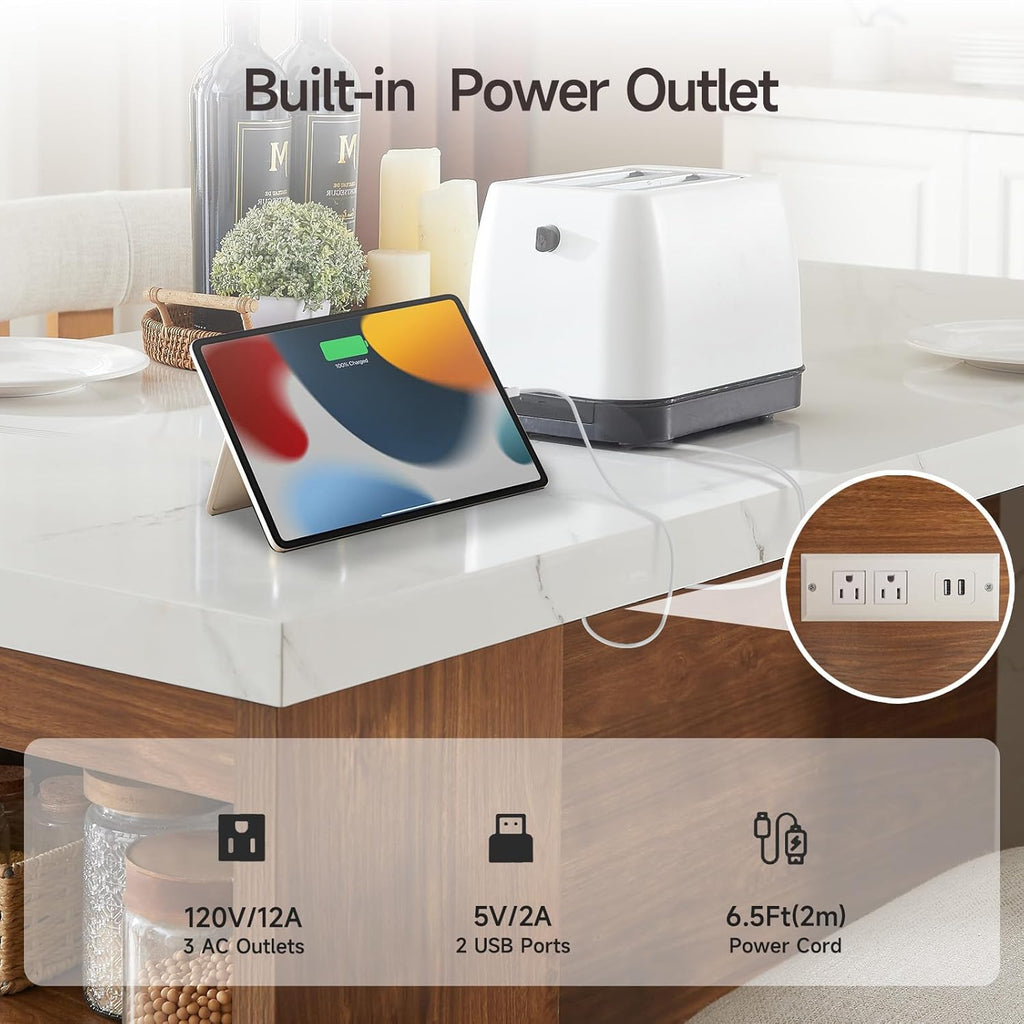 ONBRILL 61'*31' Whole Board of Tabletop Kitchen Island Table with Storage Space, Power Outlet & LED Lights, Modern Imitation Marble Large Counter Height Dining Table for 4 (White)