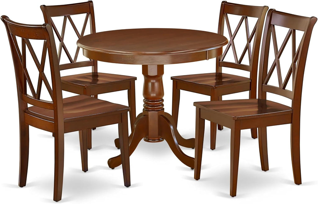 East West Furniture ANCL5-MAH-W 5 Piece Dining Table Set for 4 Includes a Round Kitchen Table with Pedestal and 4 Kitchen Dining Chairs, 36x36 Inch, Mahogany