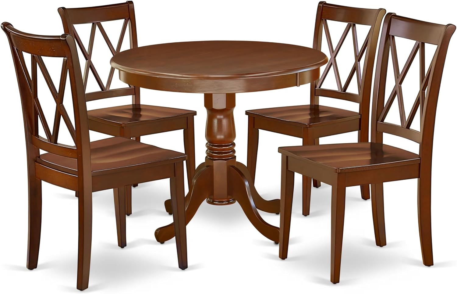 East West Furniture ANCL5-MAH-W 5 Piece Dining Table Set for 4 Includes a Round Kitchen Table with Pedestal and 4 Kitchen Dining Chairs, 36x36 Inch, Mahogany