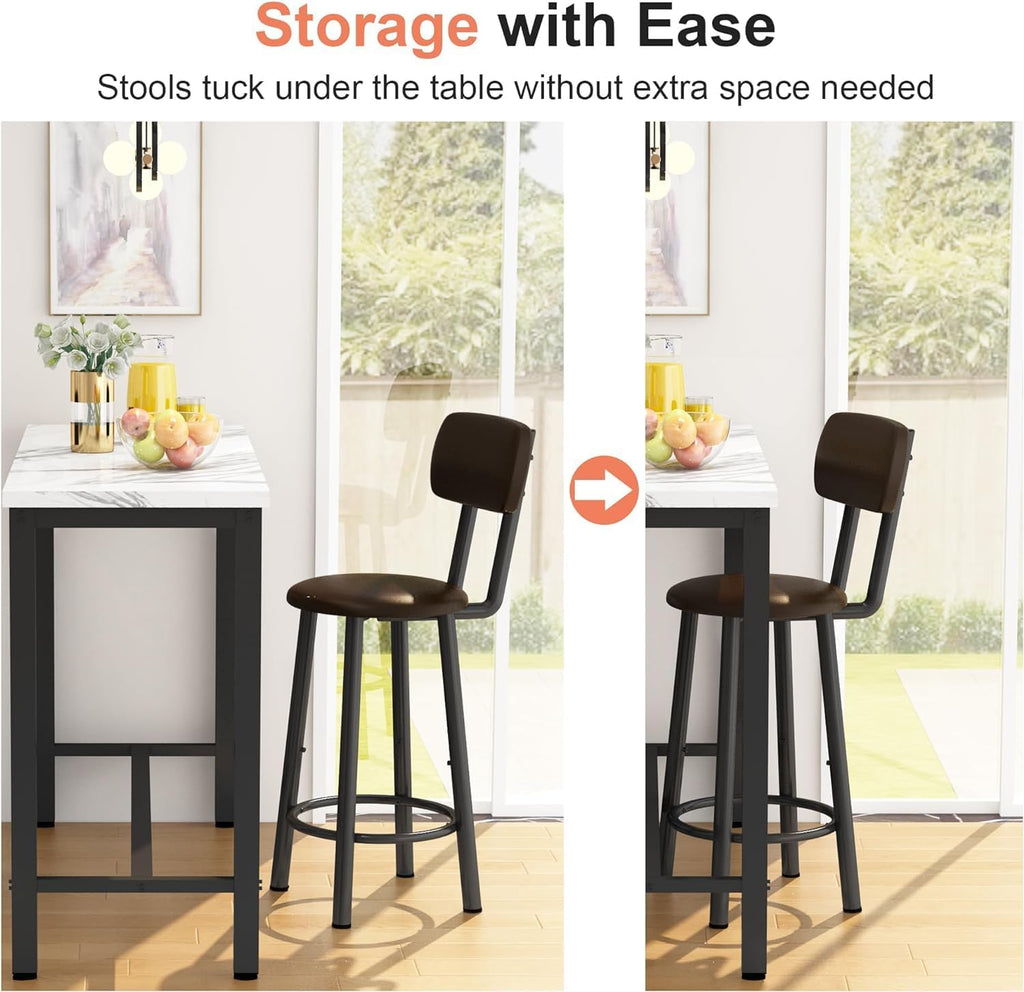 AWQM 3 Piece Bar Table Set of 2,39.3' Pub Bar Table and Chairs Set,Faux Marble Bar Height Table with 2 Backrest Stools,Small Dining Table for 2,Kitchen Table Set for Small Space,White & Brown(2 Set)