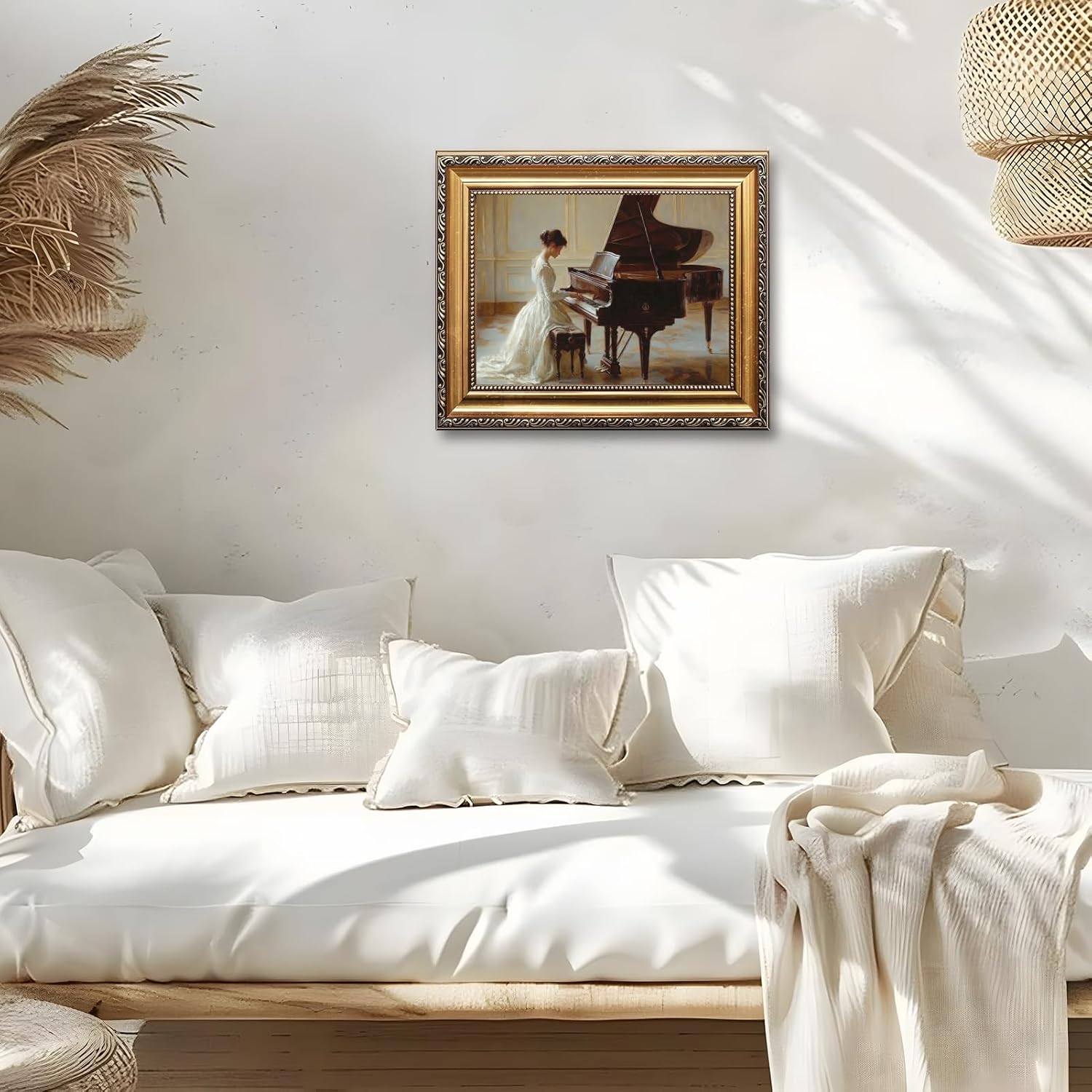 Large Framed Victorian Serenade Oil Painting Wall Art Romantic Woman Playing Piano Canvas Print Vintage Female Poster Elegant Victorian Era Artwork Picture Decor for Bedroom Living Room 24x36inch