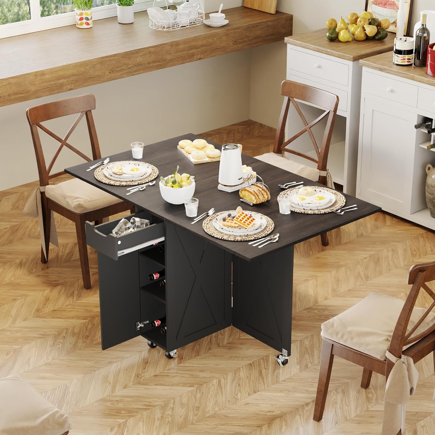 3imothrix Folding Dining Table, Small Dining Table, Space Saving Dining Table with 6 Wheels, Kitchen Table Sewing Table for Small Spaces (Black Dark Brown)