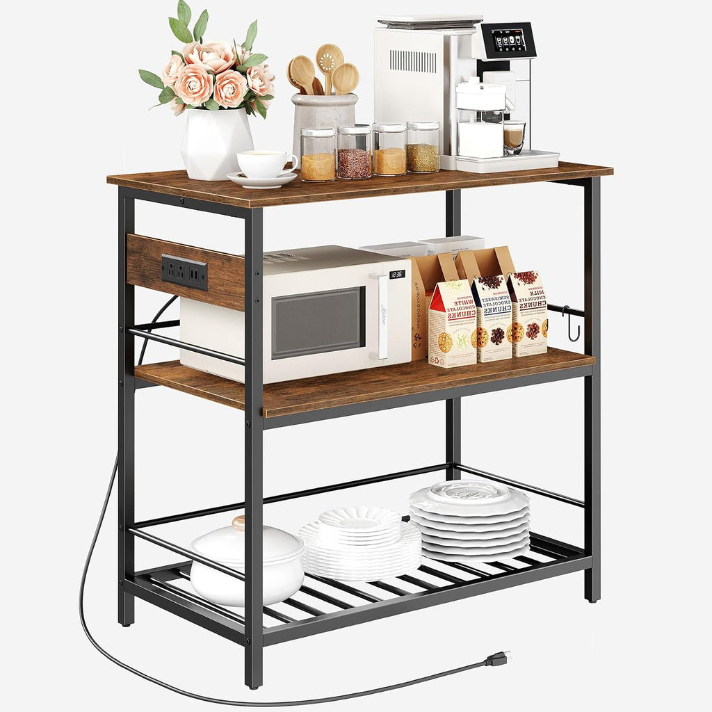 HOOBRO Kitchen Island with Storage, Kitchen Island Table with Power Outlet, 47.2' L 3 Tier Kitchen Counter and Microwave Stand, for Home, Kitchen and Dining Room, Rustic Brown and Black BF120UZD01