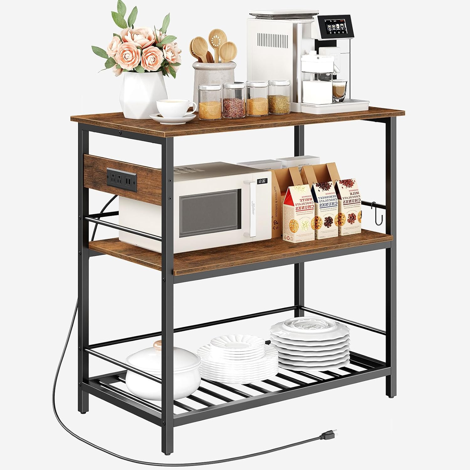 HOOBRO Kitchen Island with Storage, Kitchen Island Table with Power Outlet, 47.2' L 3 Tier Kitchen Counter and Microwave Stand, for Home, Kitchen and Dining Room, Rustic Brown and Black BF120UZD01